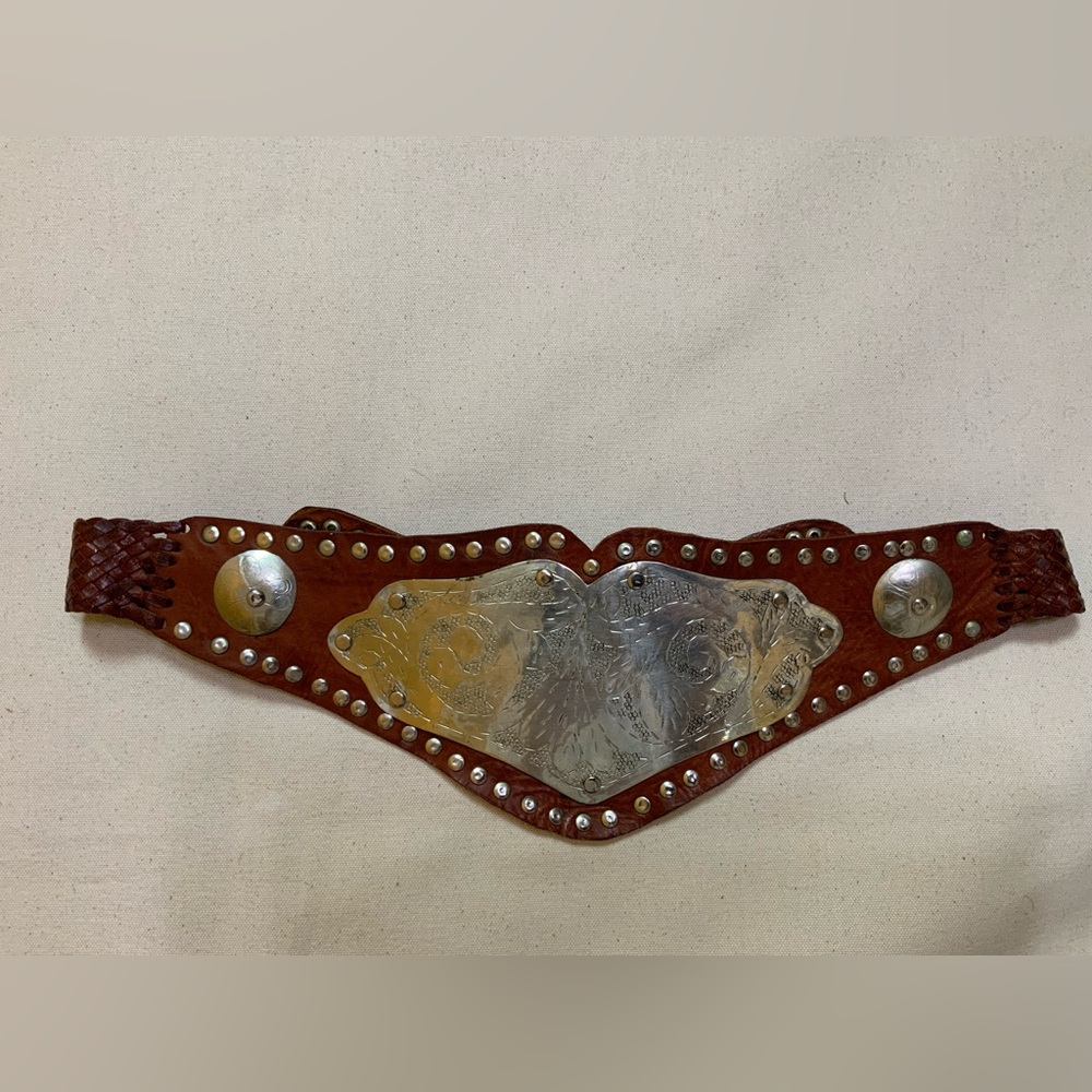 Handmade Vintage Brown Leather and Metal Belt - Picture 6 of 7